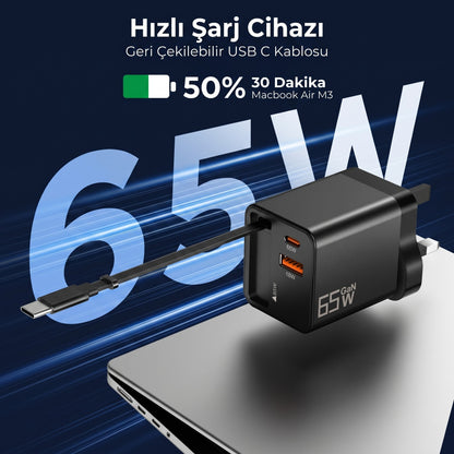 Rearup™ 65W Kendinden Kablolu 3 Portlu Hızlı Şarj Adaptörü