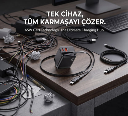 Rearup™ 65W Kendinden Kablolu 3 Portlu Hızlı Şarj Adaptörü