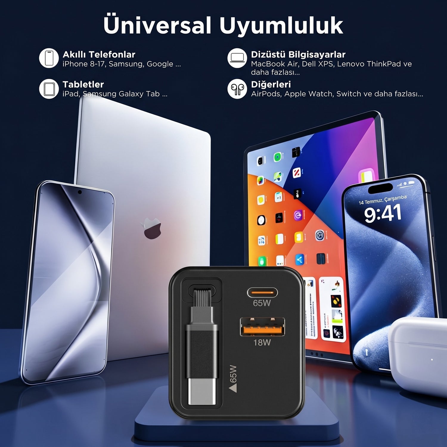Rearup™ 65W Kendinden Kablolu 3 Portlu Hızlı Şarj Adaptörü