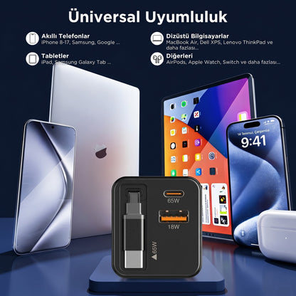 Rearup™ 65W Kendinden Kablolu 3 Portlu Hızlı Şarj Adaptörü