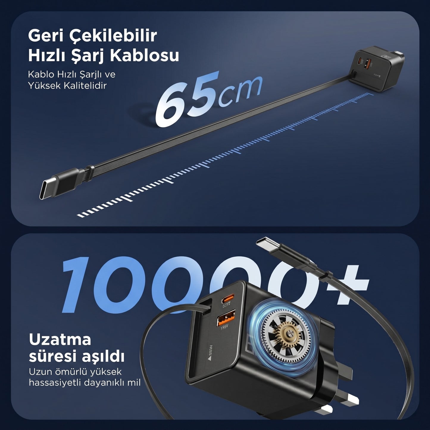 Rearup™ 65W Kendinden Kablolu 3 Portlu Hızlı Şarj Adaptörü