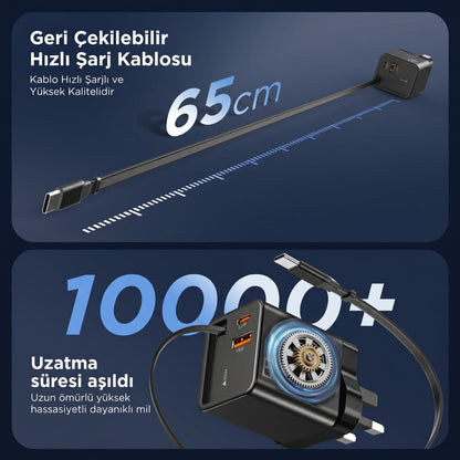 Rearup™ 65W Kendinden Kablolu 3 Portlu Hızlı Şarj Adaptörü