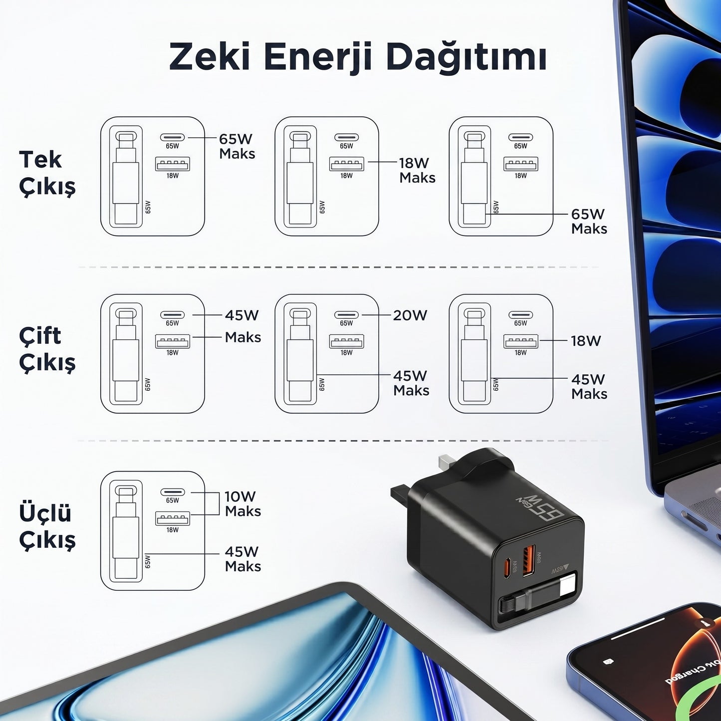 Rearup™ 65W Kendinden Kablolu 3 Portlu Hızlı Şarj Adaptörü