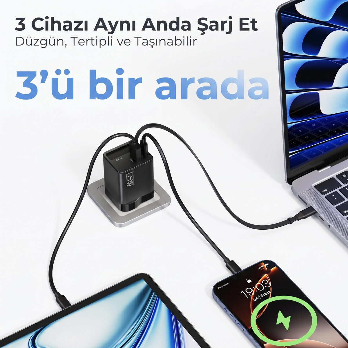 Rearup™ 65W Kendinden Kablolu 3 Portlu Hızlı Şarj Adaptörü